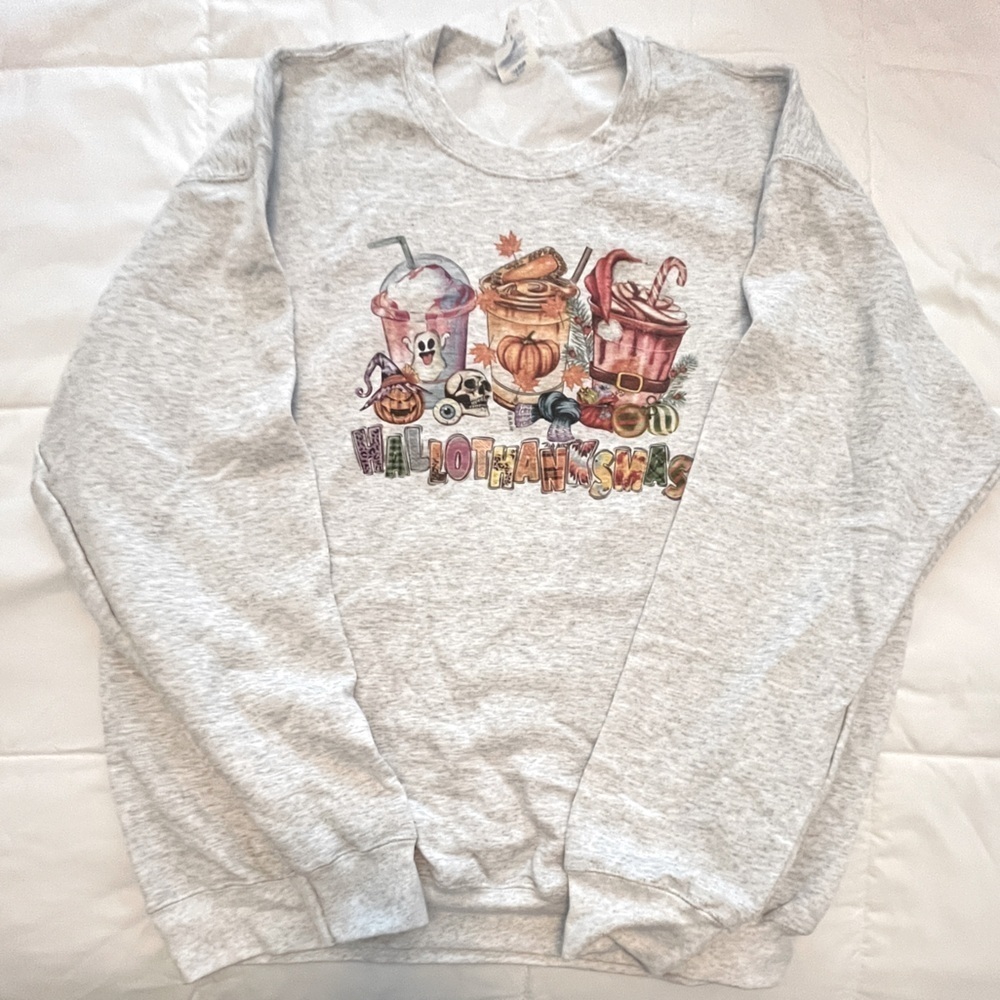 Gray Sweatshirt “ Hallothanksmas”. Three Holidays in 1 Shirt Size XL. NWOT